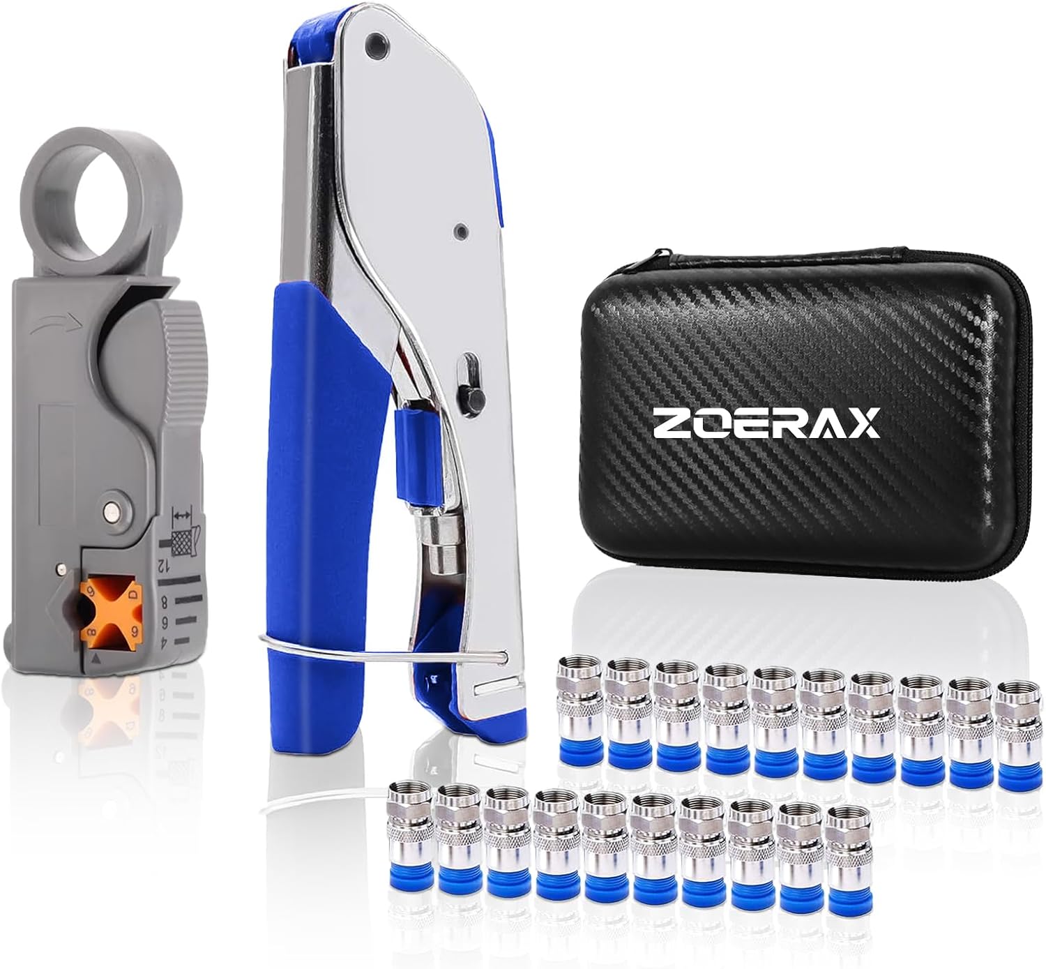 ZOERAX Kompressionszange Set mit Abisolierzange und 20 F-Steckern – Koaxial-Kompressionswerkzeug für RG6, RG59, RG11 Koaxialkabel für TV, Internet, Satelliten-Installationen und Heimnetzwerke