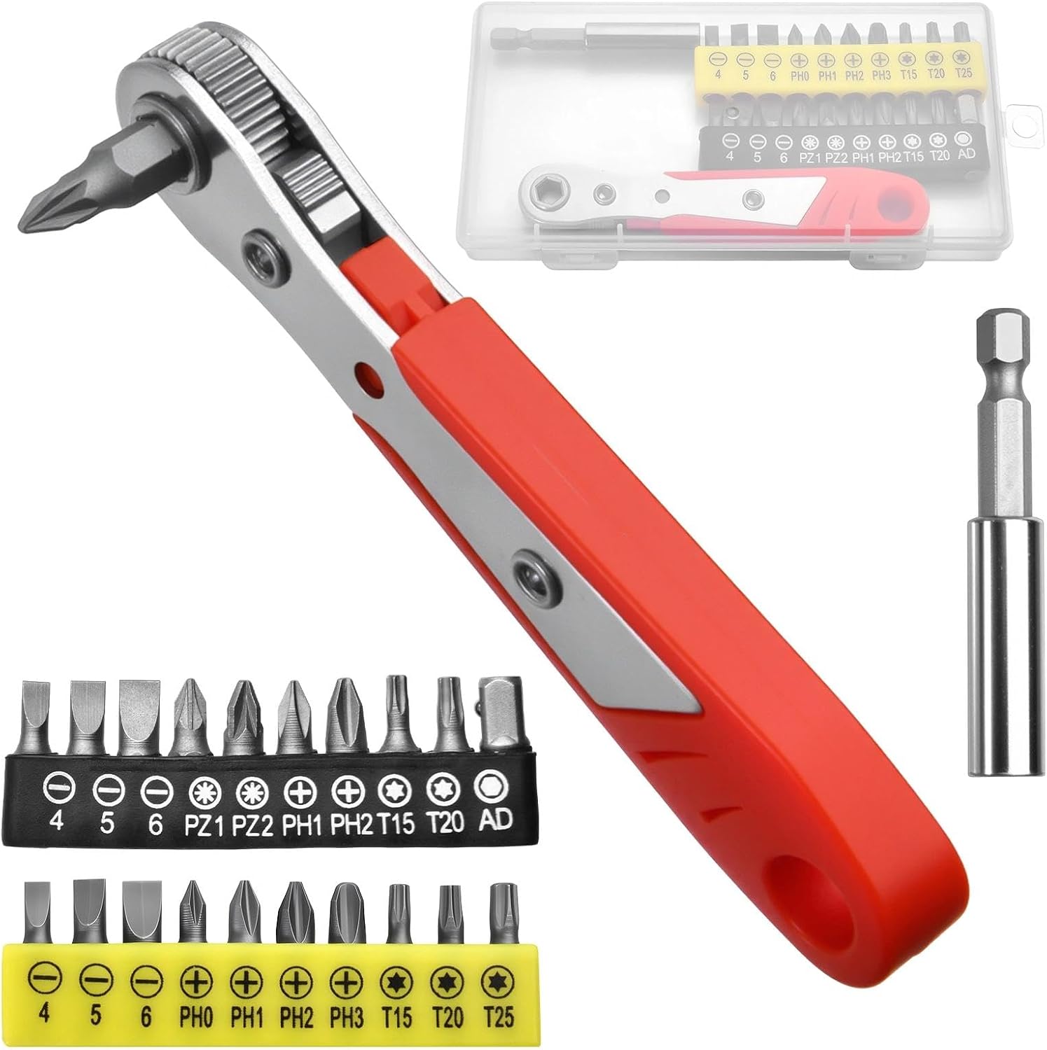 LEONTOOL 22-in-1 rechtwinkliger Schraubendreher Mini-Ratschen-Set, niedriges Profil, hohes Drehmoment, 36 Zähne, umschaltbarer Ratschenschlüssel mit magnetischen Bits, 90 Grad gekröpfter