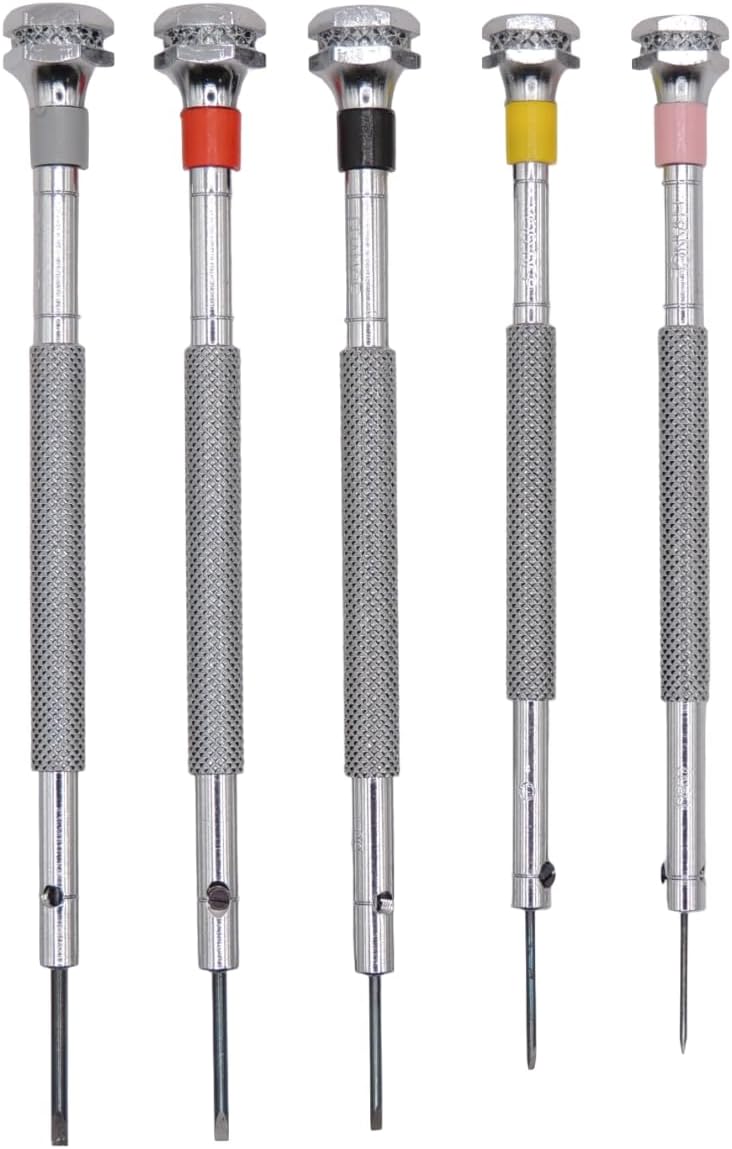 KD89 Horotec MSA01.095 Uhrmacherschraubendreher-Sortiment, 5-teilig, klassisches Messing, verchromt, mit Standard-Bits, Ø 0,60-0,80-1,00-1,20-1,40 mm, rot