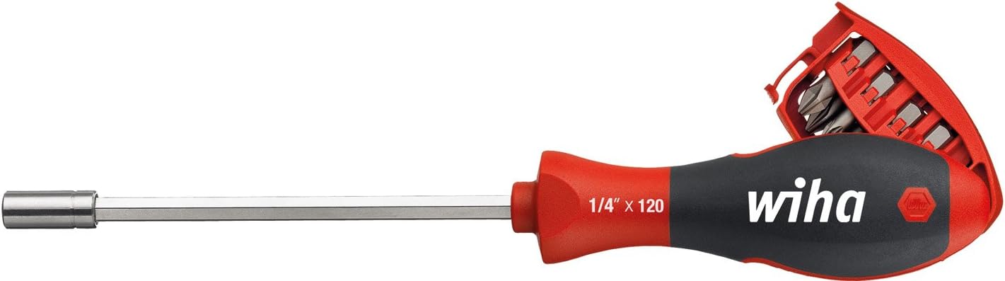 Wiha Schraubendreher mit Bit Set Magazin magnetisch Bithalter Schlitz, Phillips mit 8 Bits, 1/4" (32903)