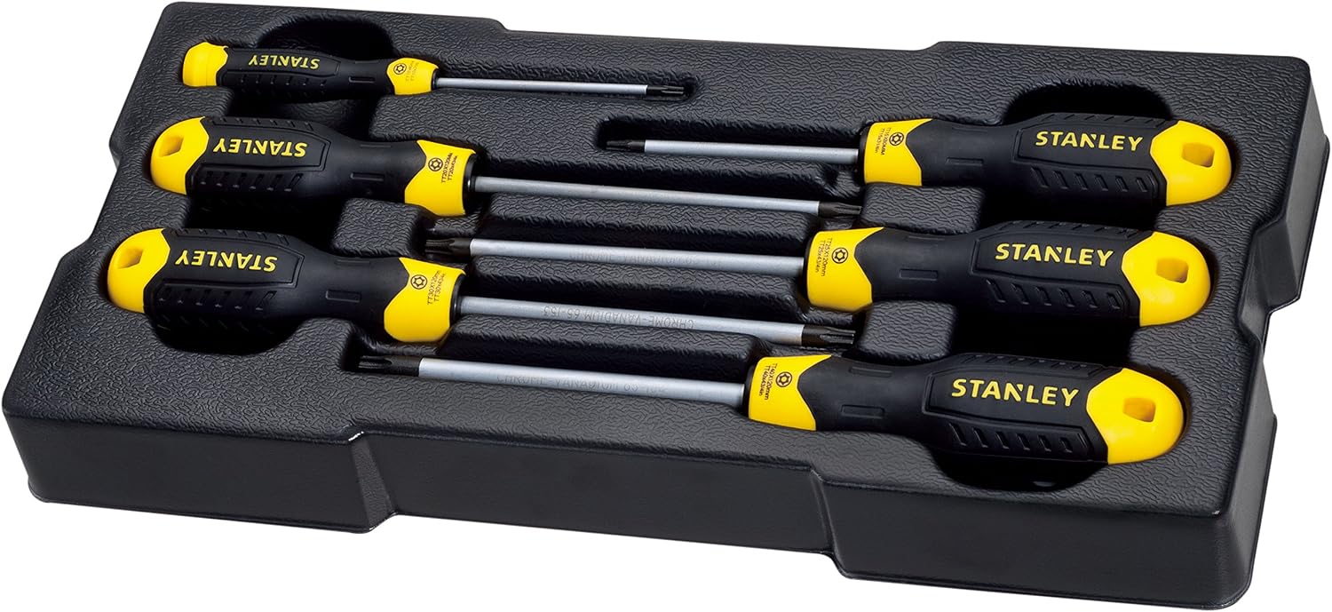 Stanley Schraubendreher Cushiongrip-Set TORX, Transmodul-System (6-teiliges Set Bestehend aus T10x80 mm, T15x80 mm, T20x120 mm, T25x120 mm, T30x120 mm, T40x120 mm, mit Magnetspitze) STMT1-74182