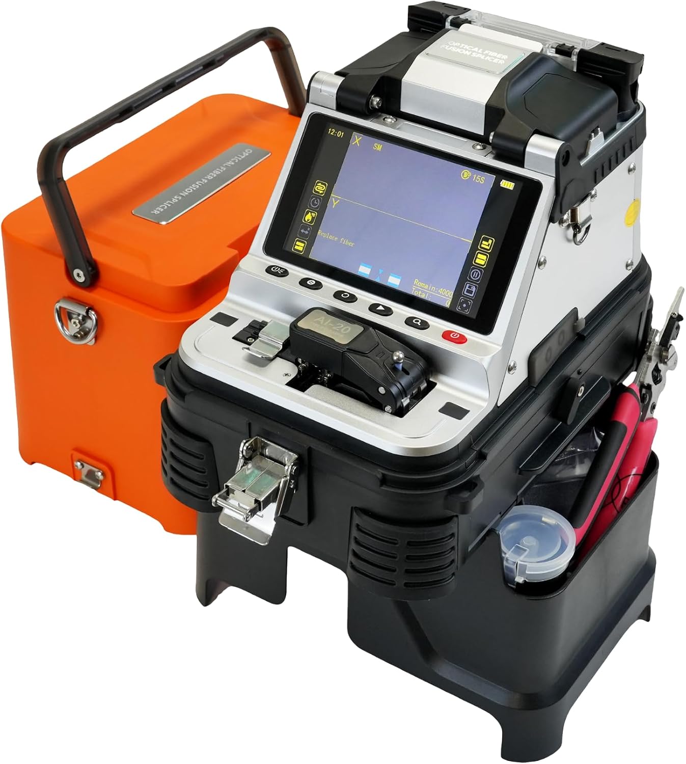 AI-20 Fusion Splicer Glasfaser Spleißgerät mit neu entwickeltem elektrischem Faserschneider, LWL Spleißgerät Kit AI-20 Upgrade von AI-10A mit 6s Spleißen 15s Aufheizen OPM VFL 7800mAh Akku