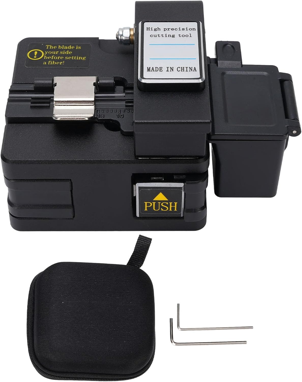 Optical Fiber Cleaver Tungsten Steel Blade 0.6° Cutting Angle 16 Cutting Points 50000 Times 3 in 1 Fiber Optic Cable Cutter with Waste Fiber Box for FTTH