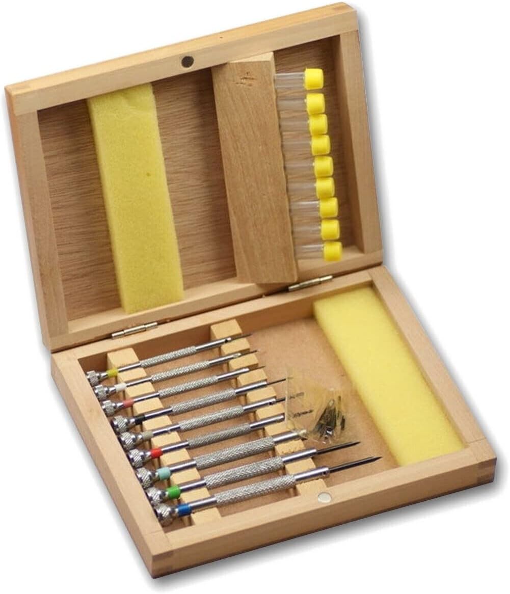 9 Uhrmacher-Schraubendreher in Echt-Holzbox S1 DELUXE STAR XXL für die Uhrenreparatur