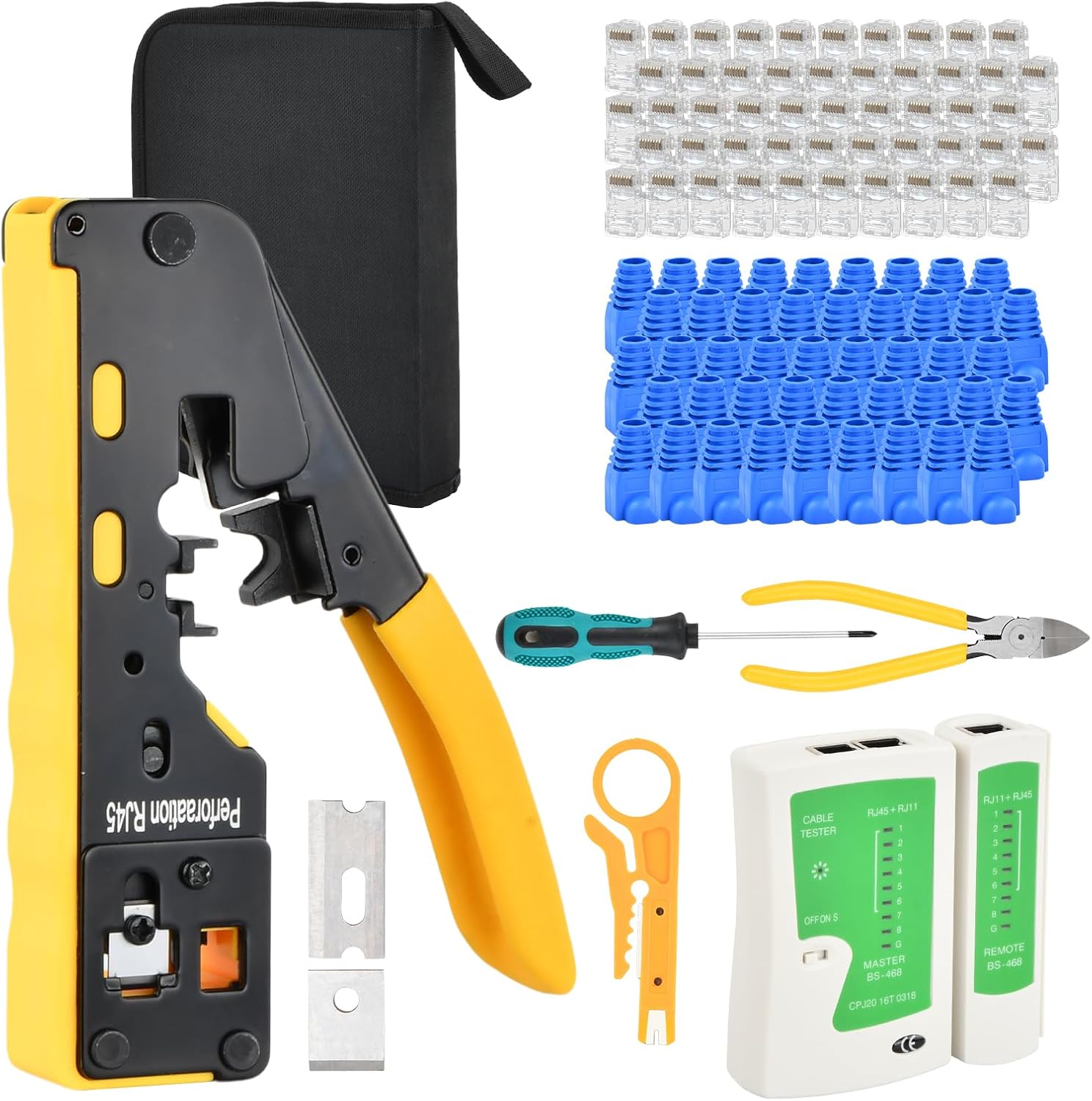 RJ45 Crimpzange Set Netzwerk Werkzeug Set mit Netzwerkkabel Tester Lan Stecker Auflegewerkzeug Netzwerk Presszange 50 Cat6 Kabel Stecker Netzwerk Reparatur Kit für Netzwerkstecker Cat7 Cat6 Cat5