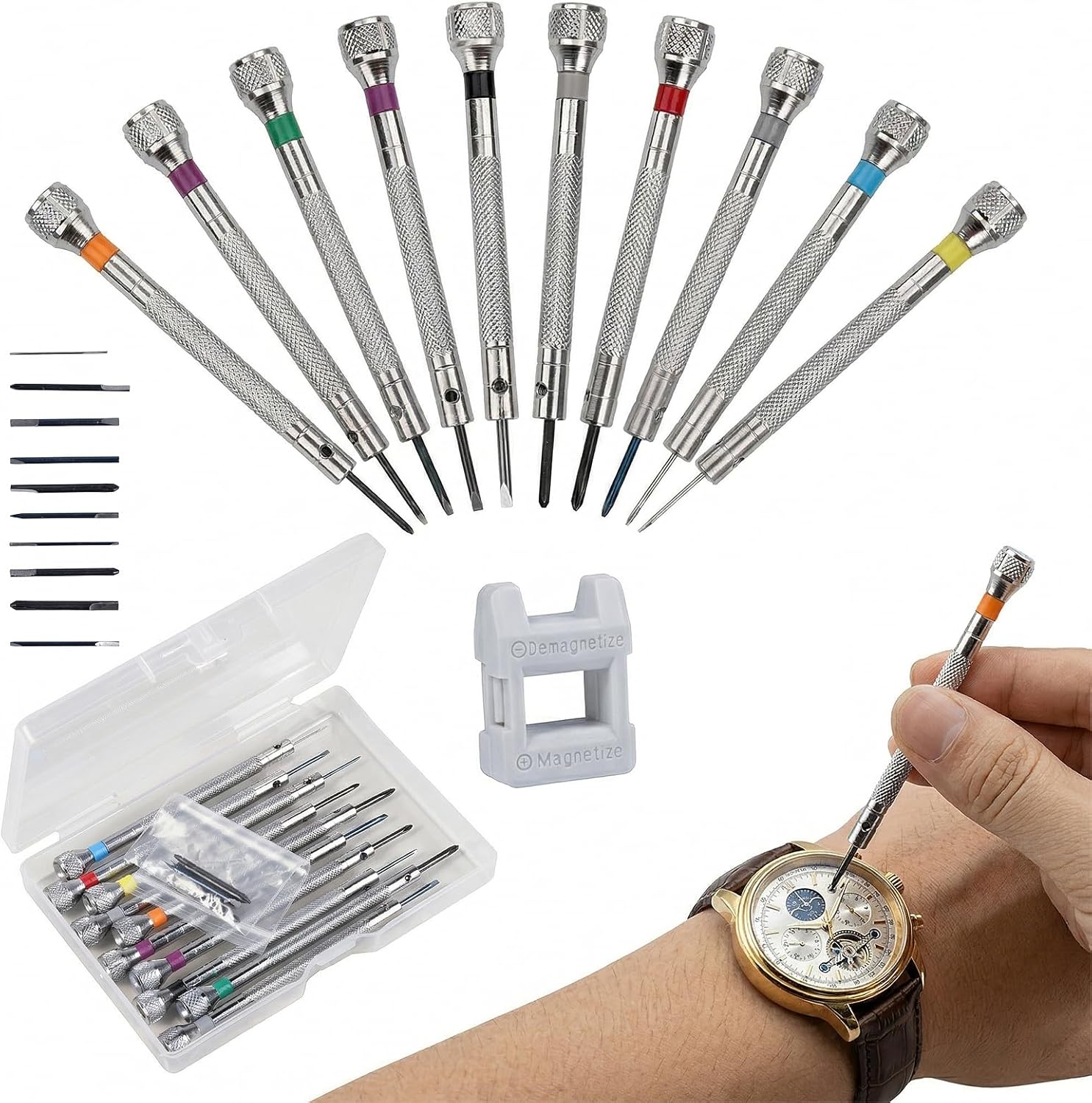 10 teiliges 0.6mm-2mm Uhrmacher Schraubendreher Set mit Entmagnetisierer