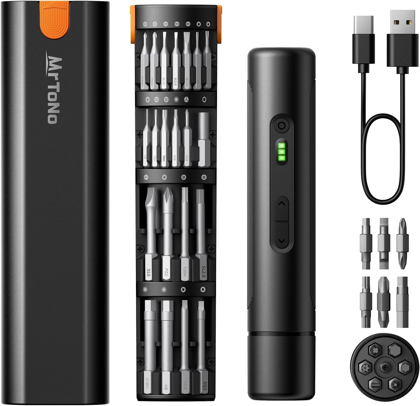 MrToNo Elektrischer Schraubendreher, Akku-Schraubendreher Set, 3 Drehmomentstufen, 1500mAh Akku, 33 magnetische Bits, LED-Licht, Wiederaufladbares Werkzeug für Möbel, DIY, Haushaltsreparaturen