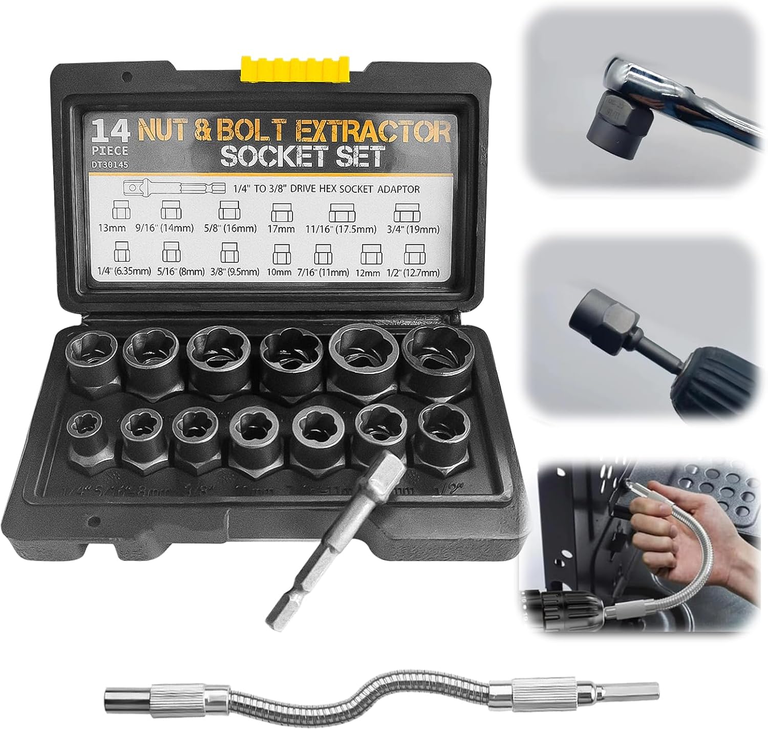 15-tlg 3/8'' Schraubenentferner-Set, Schraubenausdreher-Muttern-Entferner, Schraubenentferner mit 200mm flexible welle, 6.35-19mm Mutter, Antriebsadapter, Radmuttern-Entferner-Set mit Tragetasche