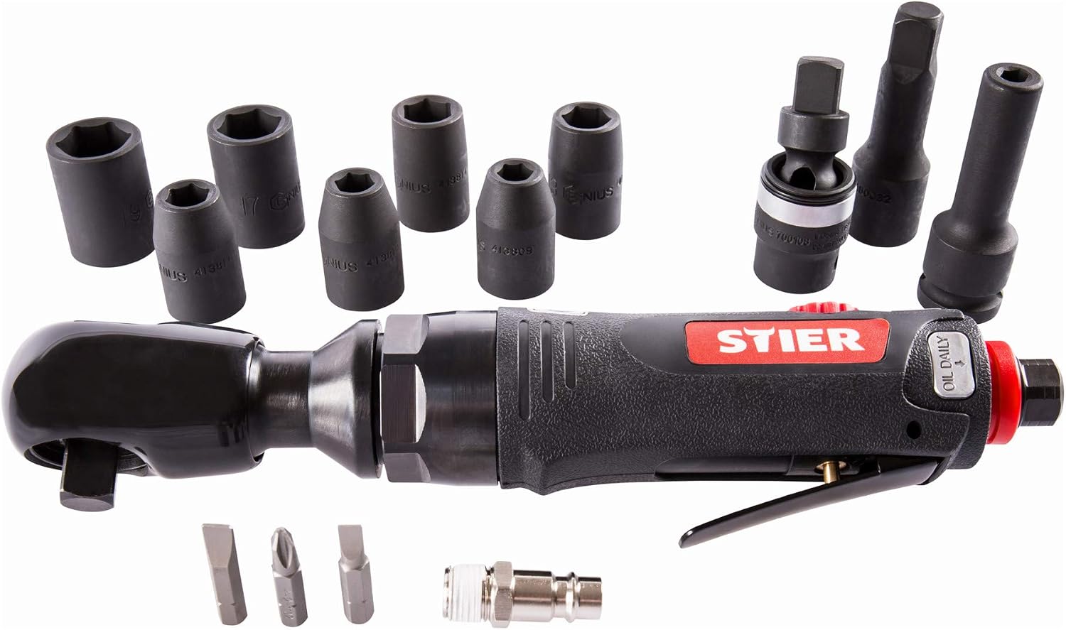 STIER Ratschenschrauber-Satz 33-1, 14 teilig Set, 1/2 Zoll Antrieb, Kraft-Steckschlüsseleinsatz 1/2 Zoll, Stecknippel 1/4 Zoll, Umschaltfunktion am Kopf