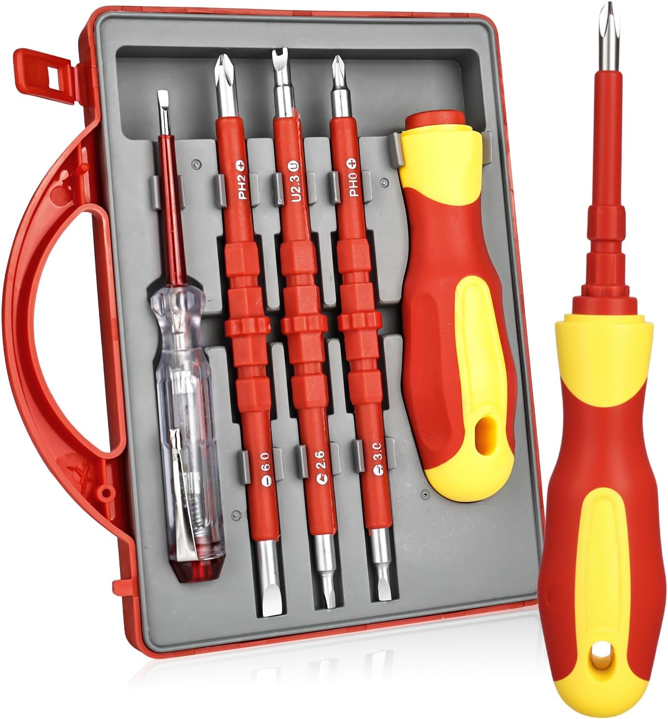 XTDMJ 5-Teiliger Schraubendreher Set Isoliert, Schraubendrehersatz mit Spannungsprüfer, Schraubendreher Set Elektriker(2 Schlitz, 2 Phillips, 1 Dreieck, 1 U-förmig)