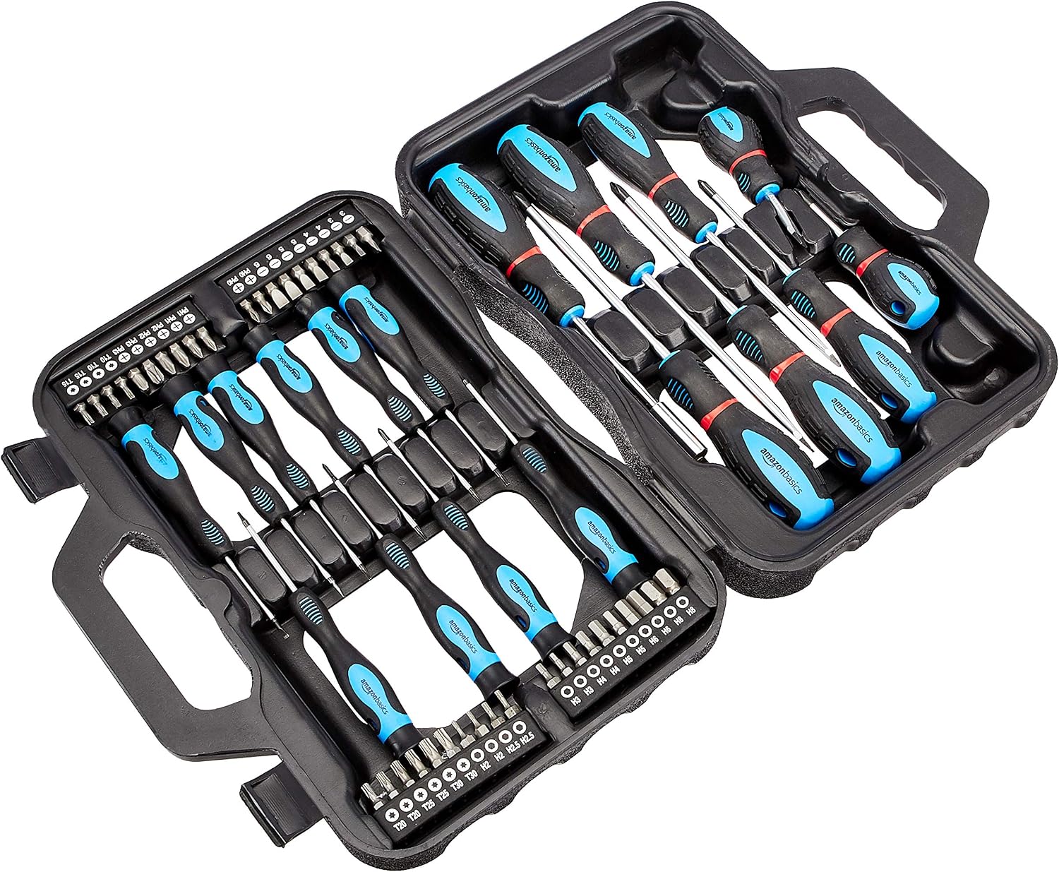 Amazon Basics Schraubendreher-Set, 58 Stück, Präzisions-Schlitze, Kreuzschlitz, Torx, Schwarz