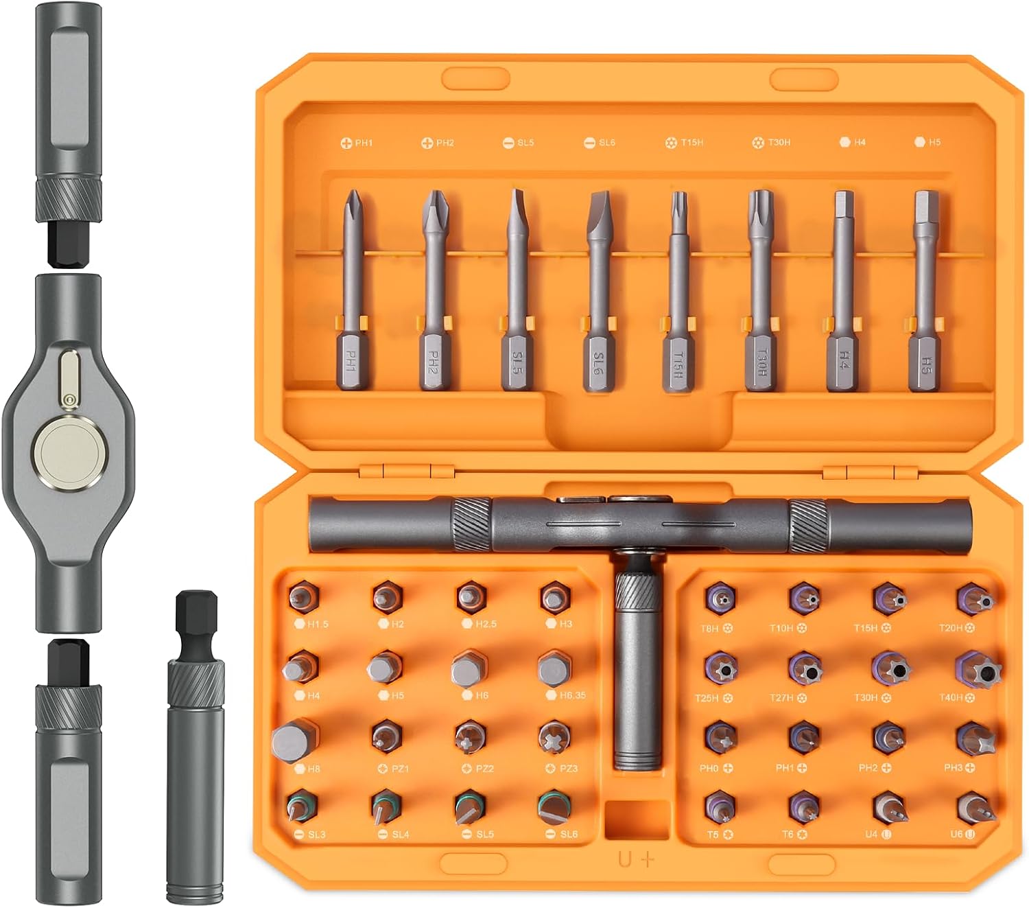 ORIA Ratschen Schraubendreher Set, 42 in 1 Magnetischer Präzisions Schraubendreher Set, mit 40 Stk. S2 Bits, Drehbarem T-Ratschengriff Werkzeugset, für Möbel, Fahrrad, DIY, Elektronik - Grau