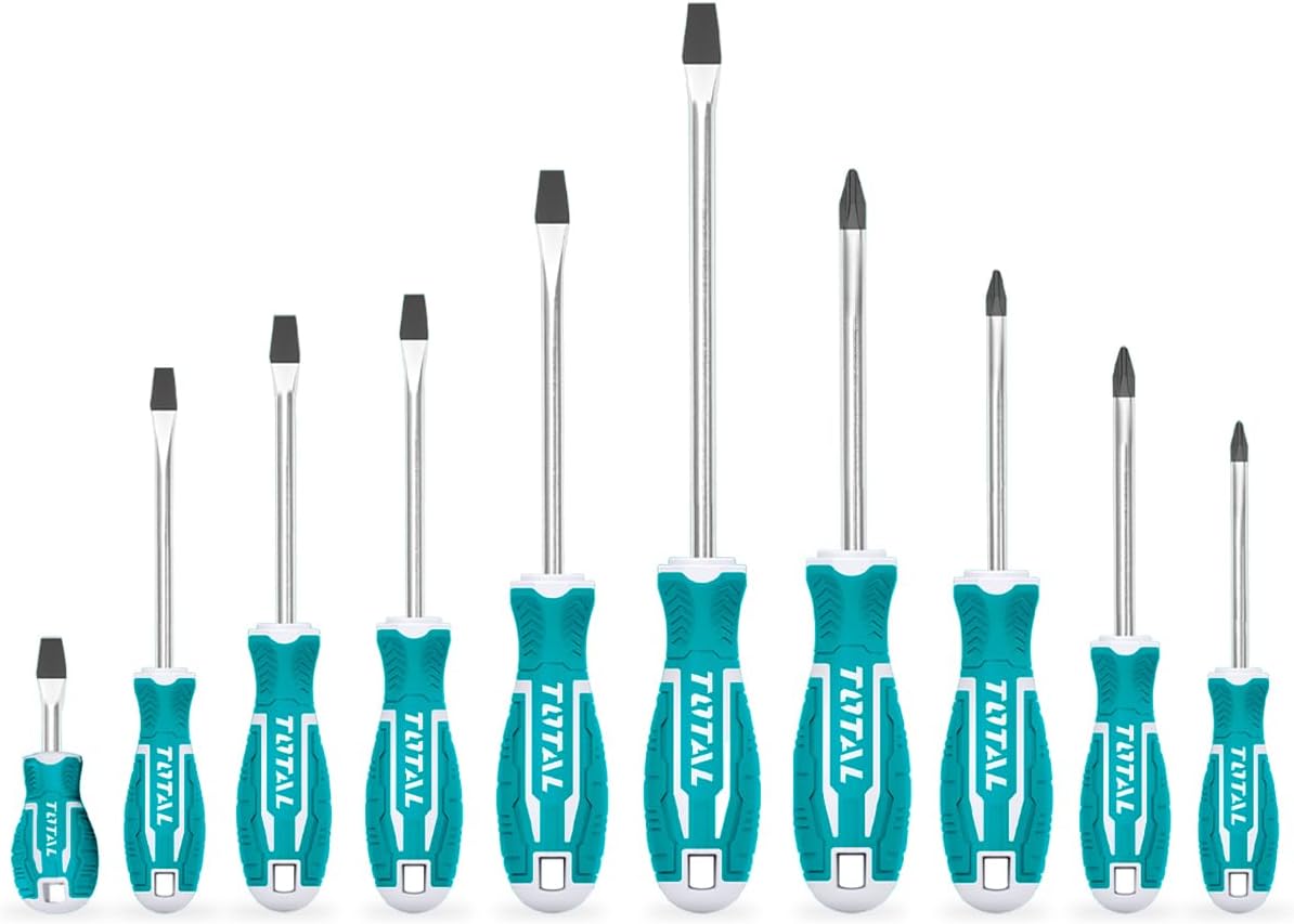 TOTAL - Set aus 10 Schraubendrehern - 6 mit Flachspitze und 4 mit Phillips-Spitze - Magnetische Spitze mit starkem Magneten - Bequem zu benutzen - Chrom-Vanadium