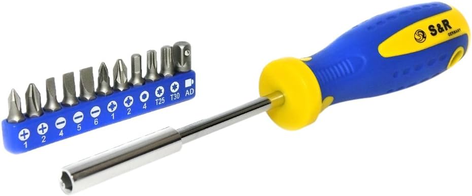 S&R Schraubendreher-Bithalter magnetisch mit Bitsatz, 11-teilig, Kraftform-Griff, 210 mm, rostfreier Bithalter, Universalschraubenzieher