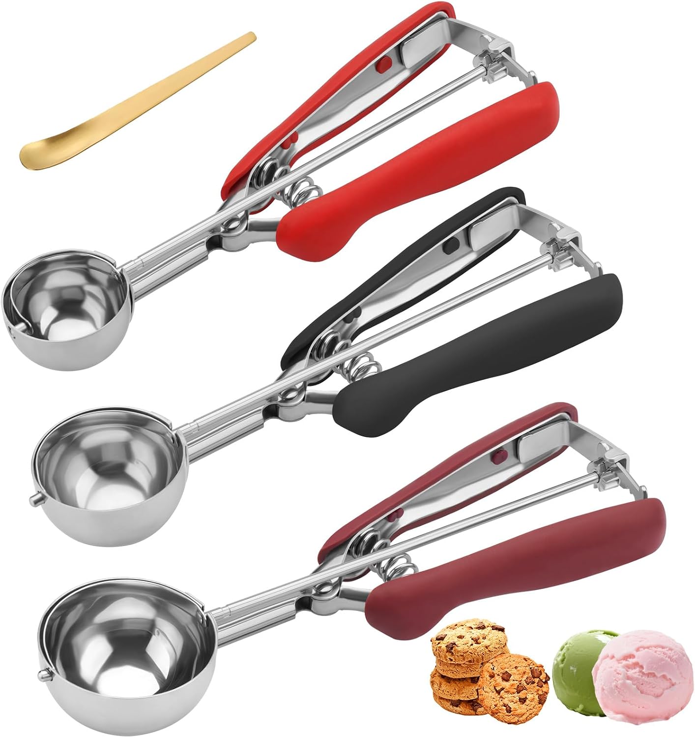 Eisportionierer Edelstahl 3er Set, Plätzchenportionierer & Teigportionierer mit Auslöser, Rutschfester Griff, 3 Größen für Kekse, Muffins, Eiscreme & Fleischbällchen, 18/8 Edelstahl, Spülmaschinenfest