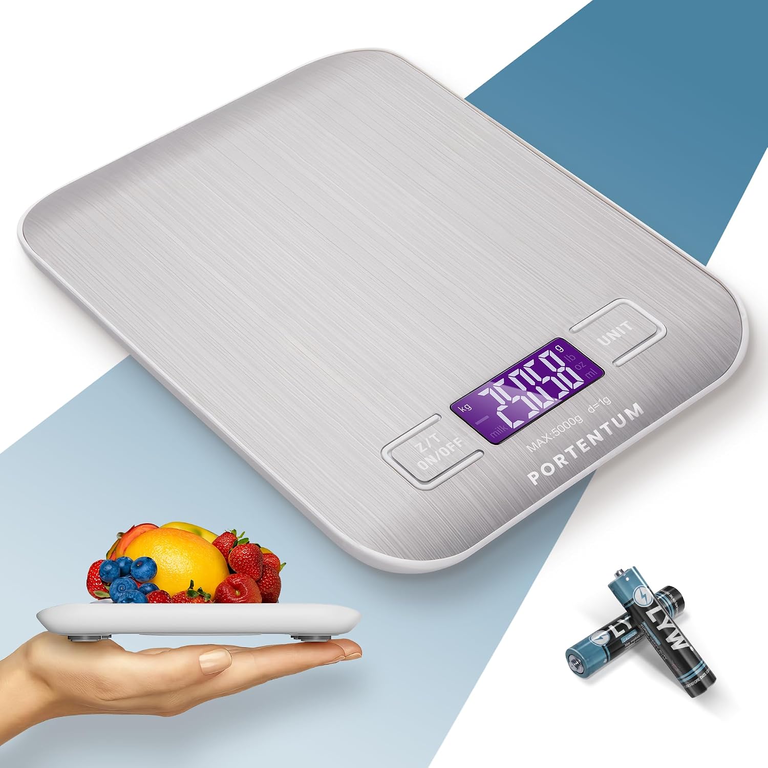PORTENTUM Balance de cuisine 15 kg dès 1 g en acier inoxydable avec LCD