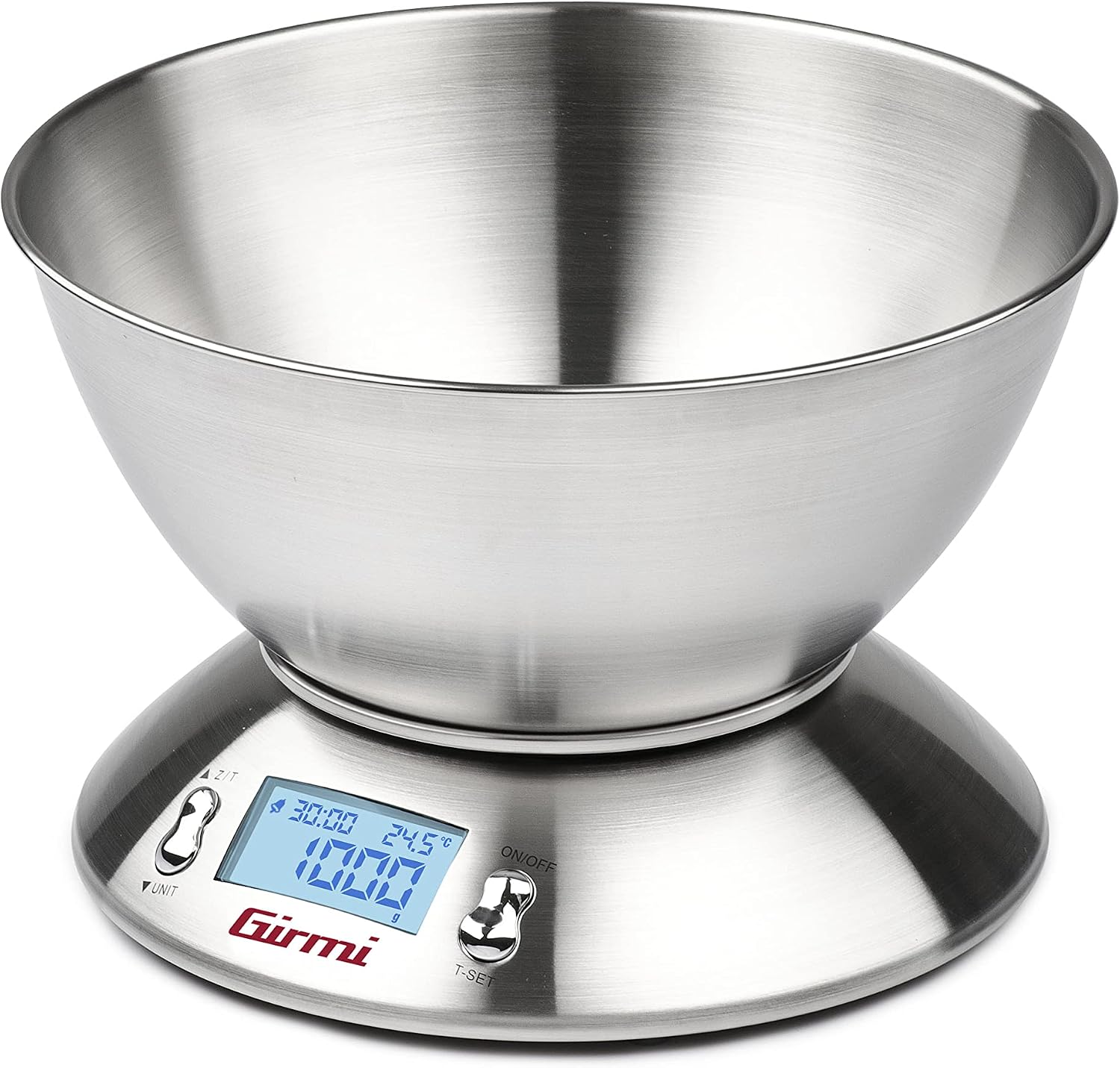 Girmi PS86 Balance de Cuisine, Large Bol 2 L, Corps et Bol en Inox, Large Écran 58 X 30 mm, Précision 1 G-5 Kg, Fonction Tare
