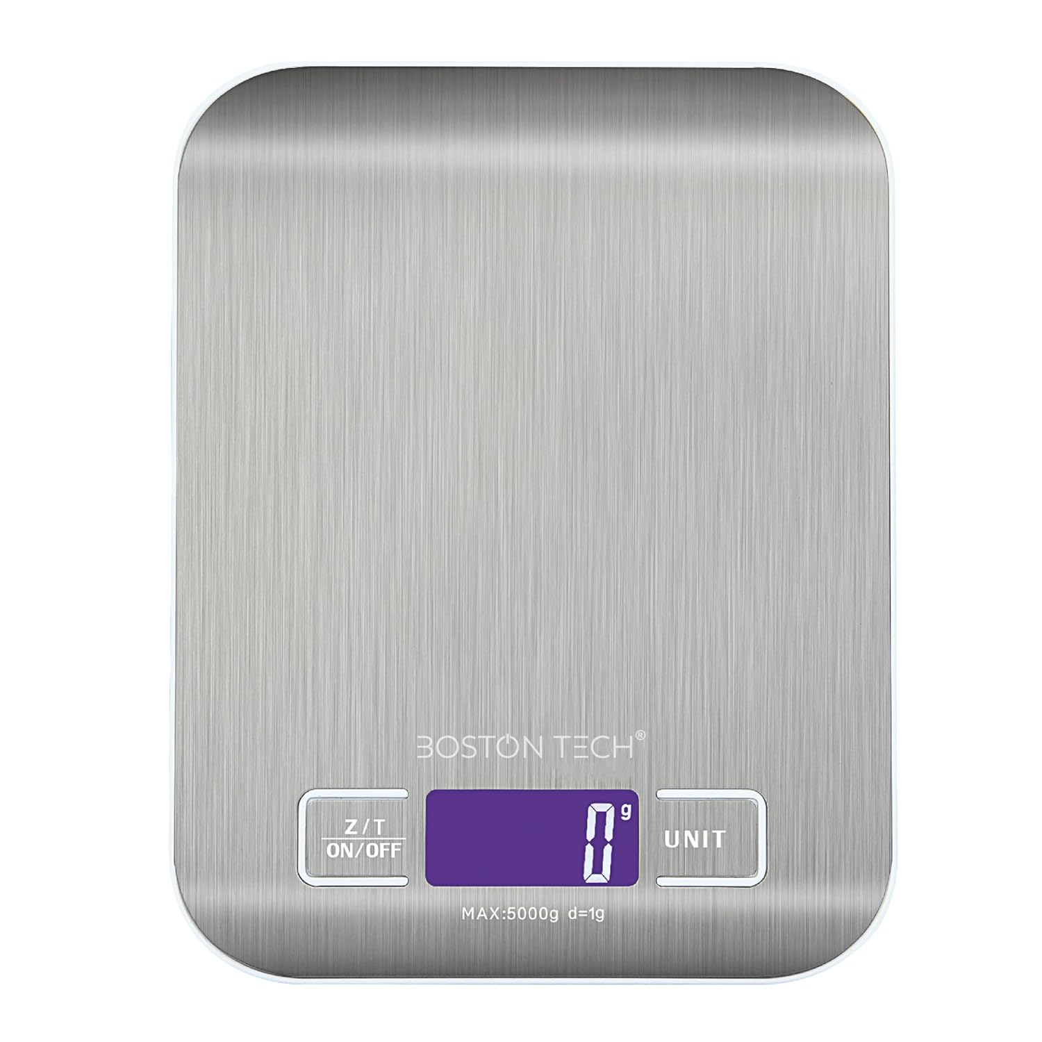 Boston Tech Balance de Cuisine Numérique avec Bol Amovible - Acier Inoxydable, Haute Précision, Étanche, Capacité 5kg, Écran LCD, Fonction Tare, Livre de Recettes Inclus