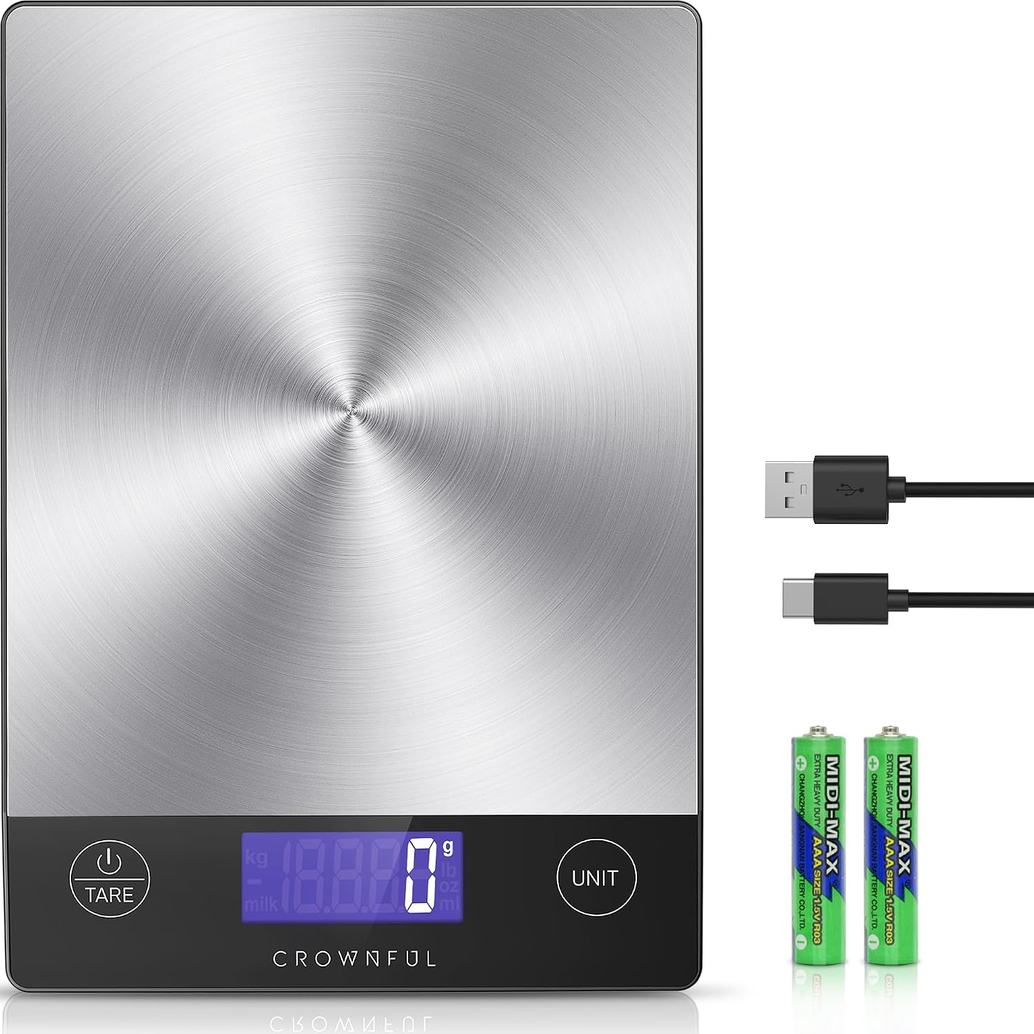 CROWNFUL Balance de cuisine rechargeable 15 kg, poids en grammes et onces pâtisserie et cuisine, chargement C, écran LCD, acier inoxydable 304