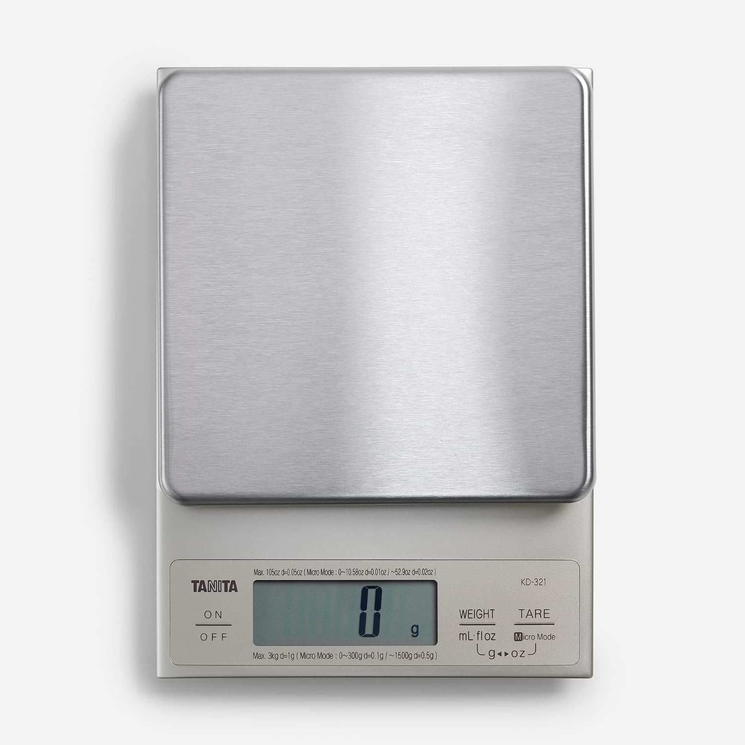 TANITA KD-321 Balance de cuisine numérique – Balance alimentaire en acier inoxydable, balance de précision 3 kg, balance digitale pour cuisiner et pâtisser, argentée