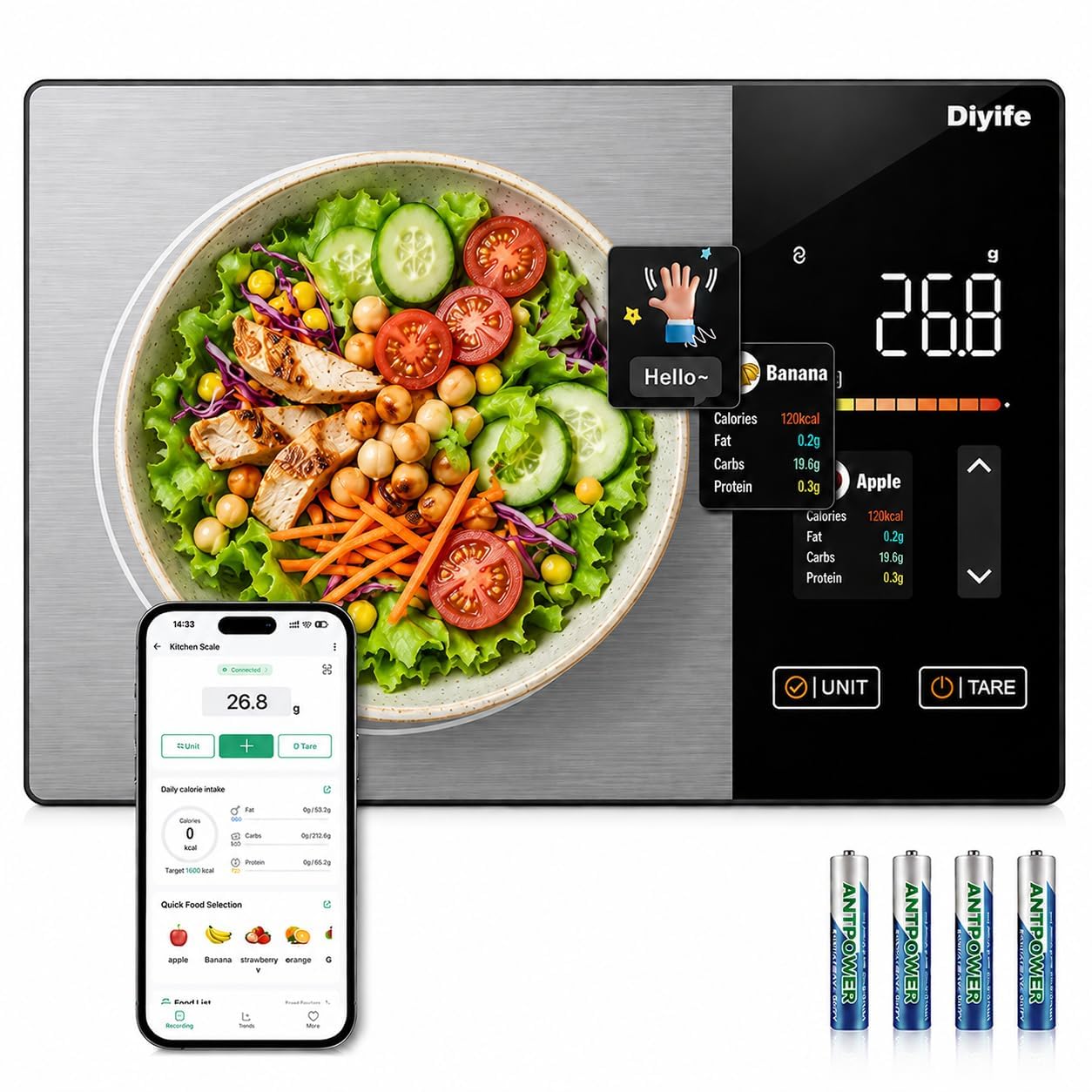 Diyife Balance Alimentaire Calcul Calories avec Écran TFT Couleur, APP