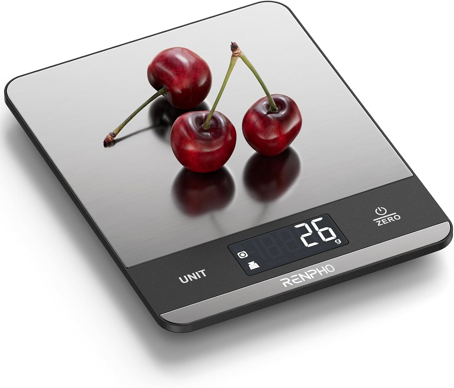 RENPHO Balance de cuisine 5 kg, balance de cuisine à 7 unités, balance numérique à grand écran LCD, grand plateau de pesée en acier inoxydable, mesure des liquides, précision élevée jusqu'à 1 g