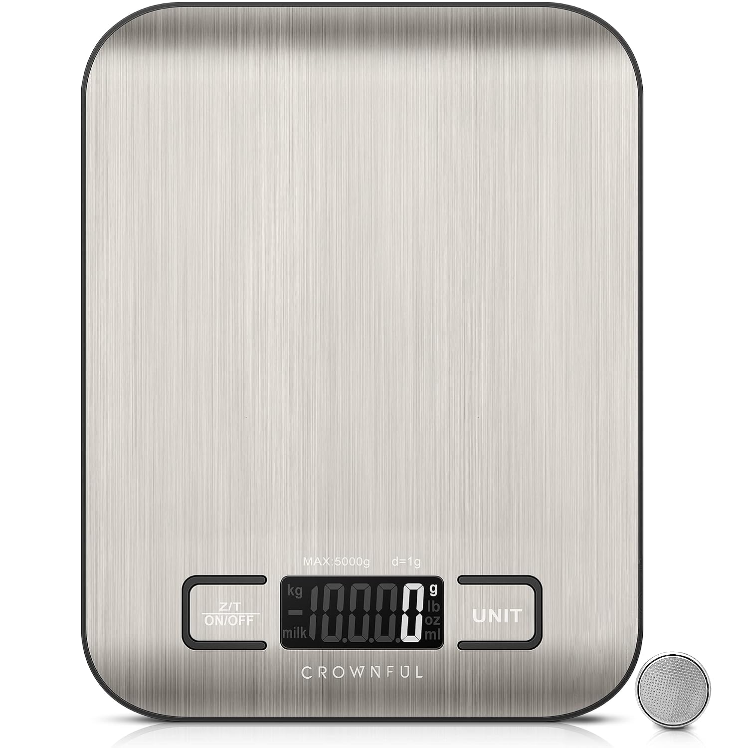 CROWNFUL Balance de cuisine, Balance de haute précision en acier inoxydable, Capacité de 5 kg, Balance numérique de Cuisine avec Écran LCD, 5 Unités et Fonction Tare