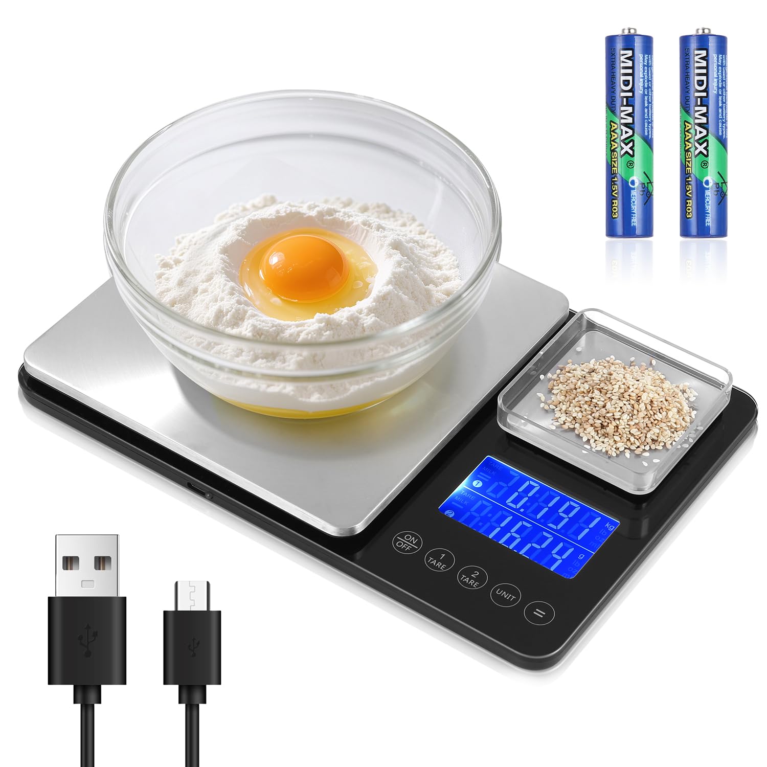Balance de Cuisine Numérique à Double Plateforme, précision gramme, Rechargeable USB ou Piles, Inox, 7 Unités, Écran LCD – Idéale pour Pâtisserie, Café, Cuisine Maison